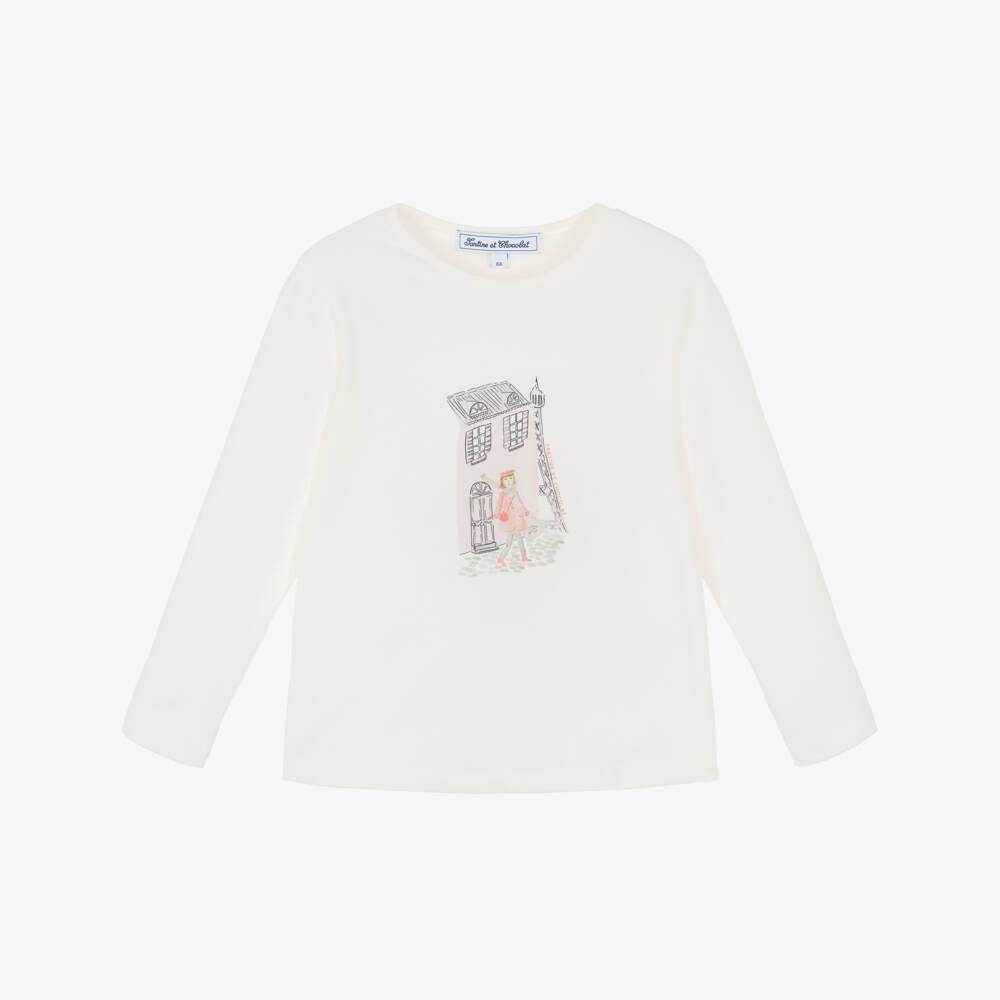 Tartine et Chocolat-Girls Ivory Printed Cotton Jersey Top | Childrensalon