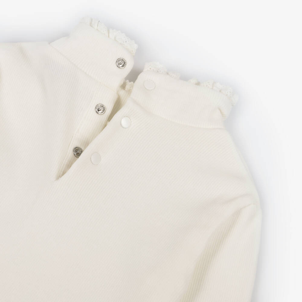 Tartine et Chocolat-Водолазка кремовая из хлопкового трикотажа в рубчик для девочек | Childrensalon