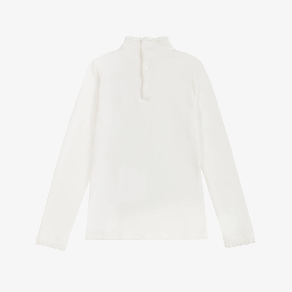 Tartine et Chocolat-Girls Ivory Ribbed Cotton Turtleneck Top | Childrensalon