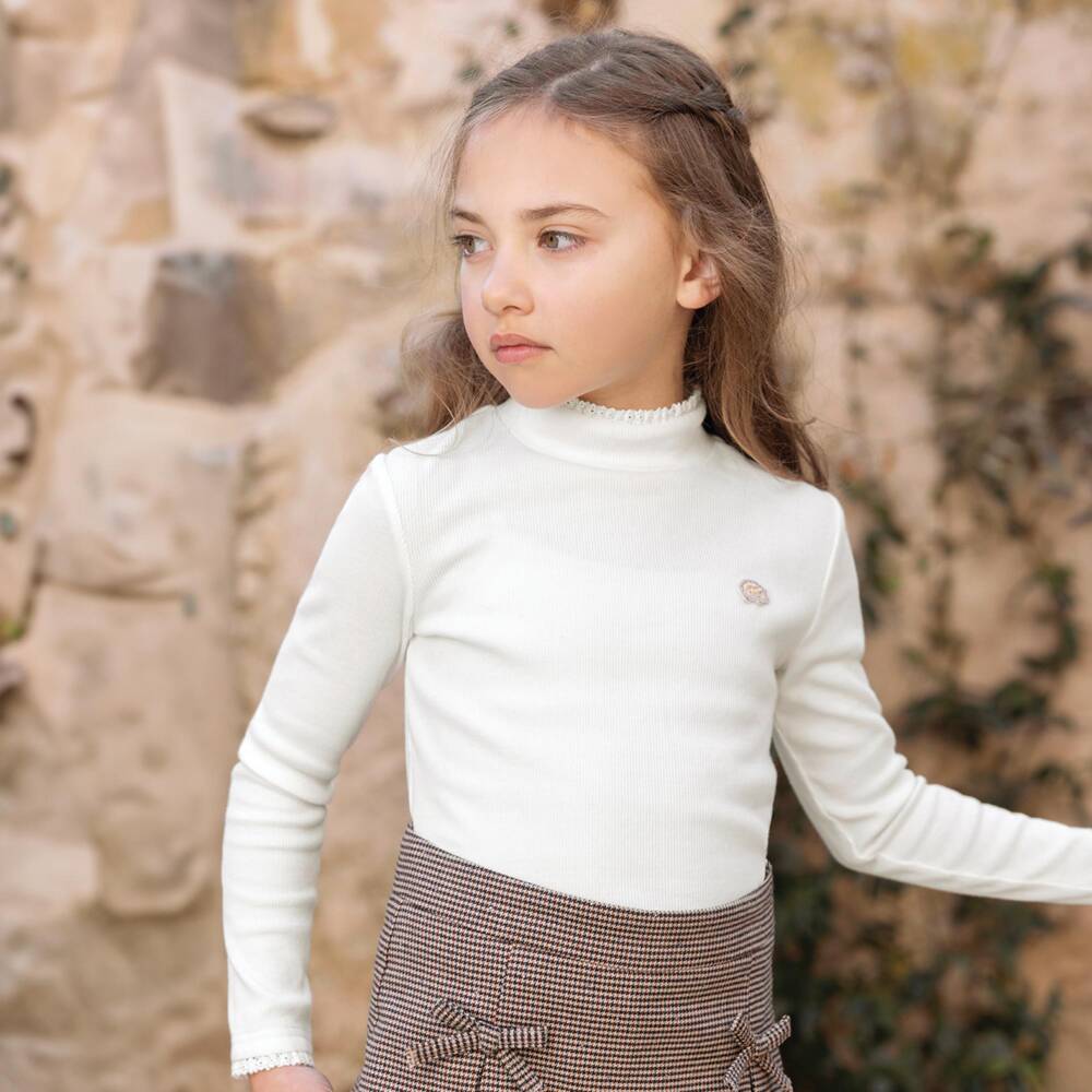Tartine et Chocolat-Girls Ivory Ribbed Cotton Turtleneck Top | Childrensalon