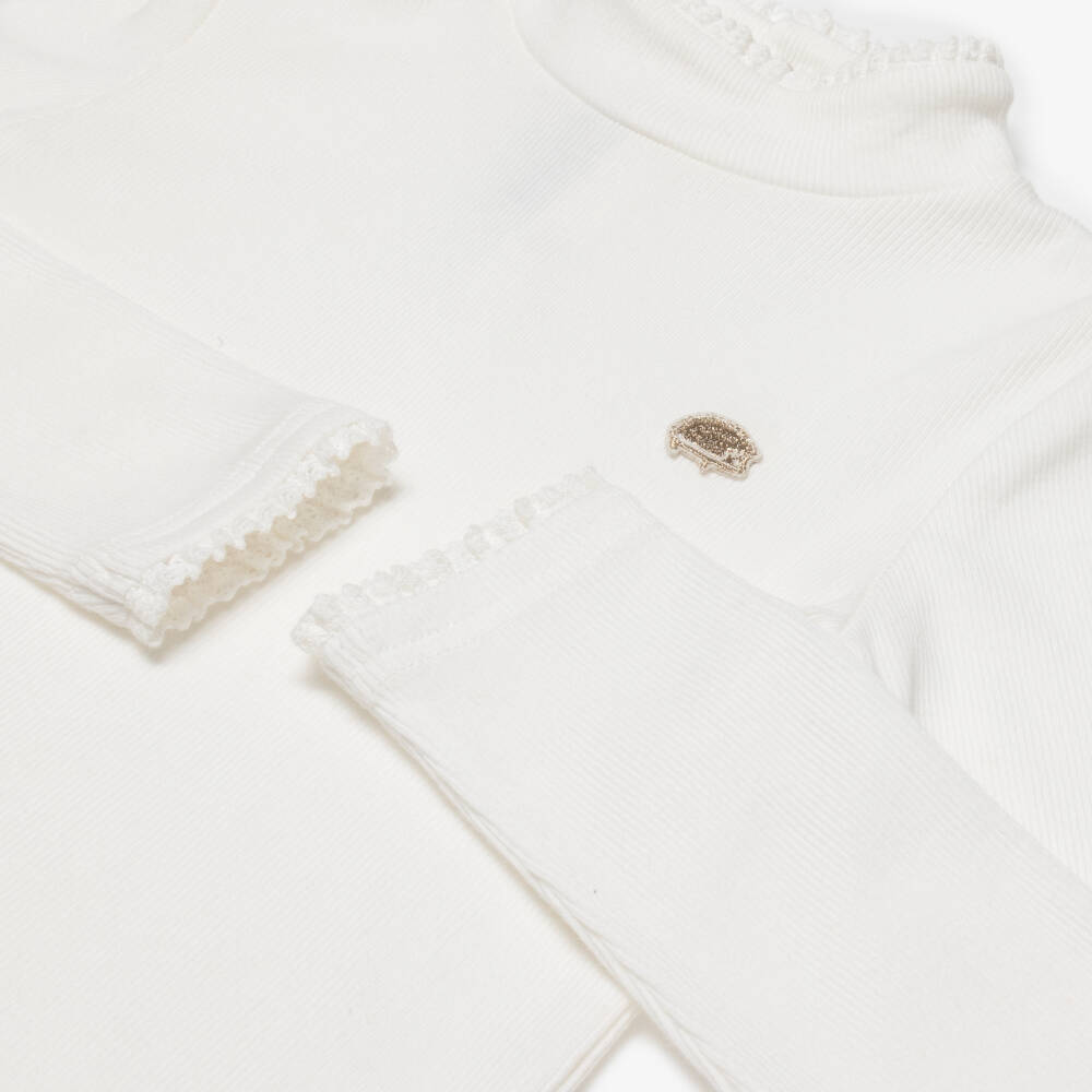Tartine et Chocolat-Girls Ivory Ribbed Cotton Turtleneck Top | Childrensalon