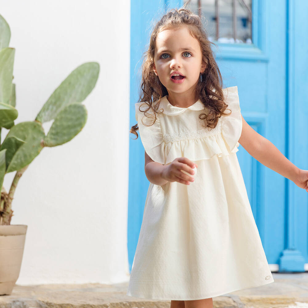Tartine et Chocolat-Girls Ivory Ruffle Dress with Embellished Lace Trim | Childrensalon