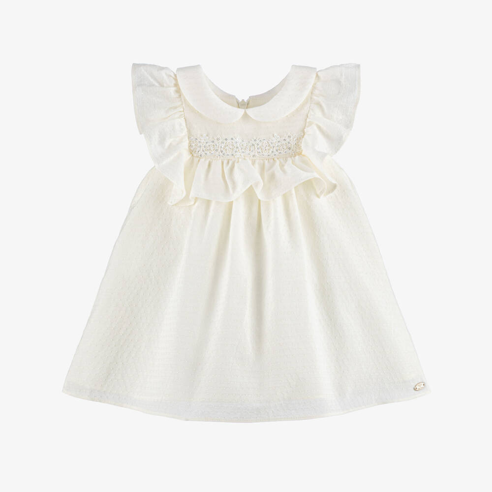 Tartine et Chocolat-Girls Ivory Ruffle Dress with Embellished Lace Trim | Childrensalon