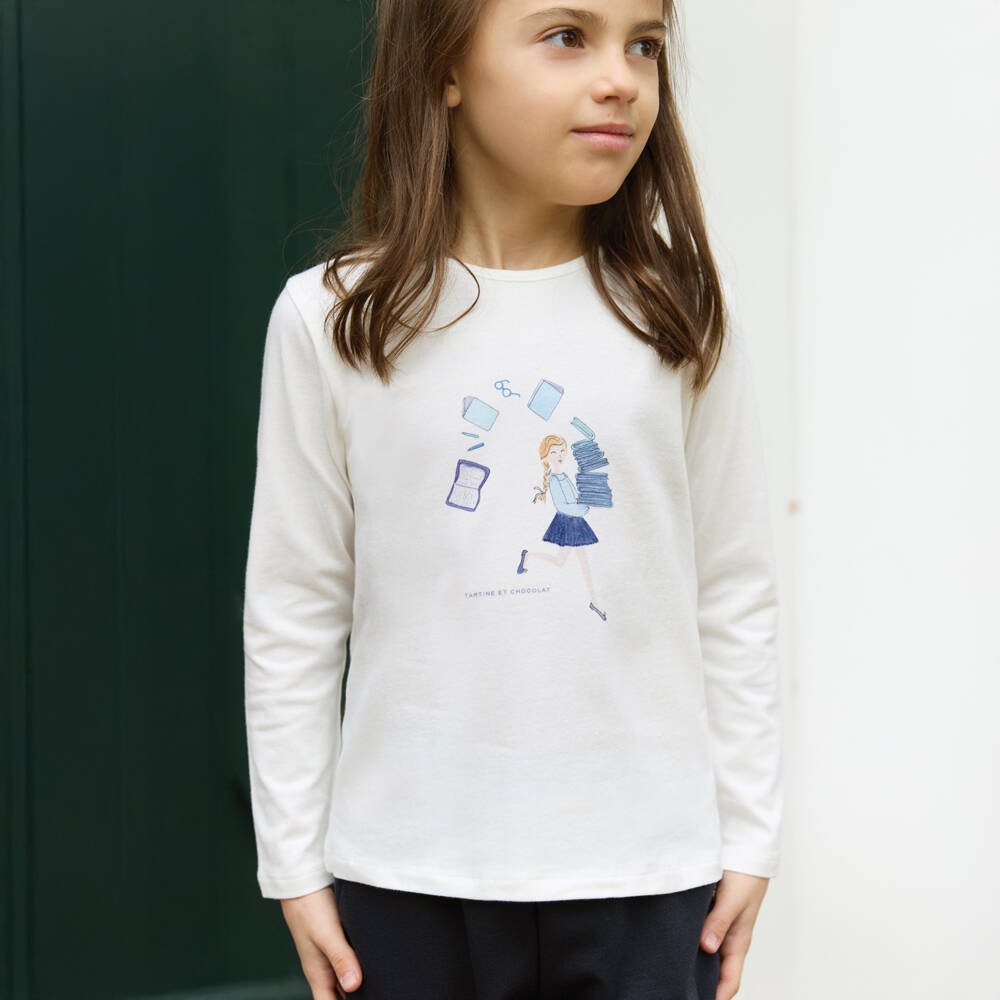 Tartine et Chocolat-Girls Ivory School Print Cotton Jersey Top | Childrensalon