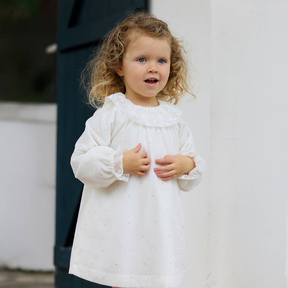Tartine et Chocolat-فستان مخمل بياقة دانتيل لون عاجي للبنات  | Childrensalon