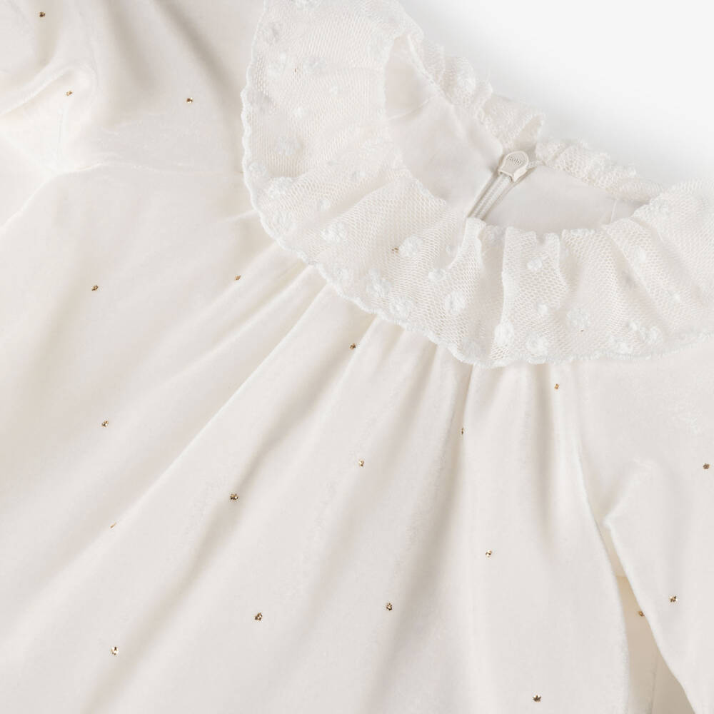Tartine et Chocolat-فستان مخمل بياقة دانتيل لون عاجي للبنات  | Childrensalon