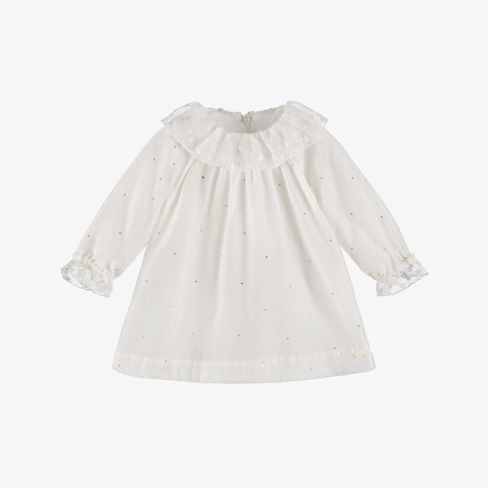 Tartine et Chocolat-Girls Ivory Velvet Dress with Lace Collar | Childrensalon