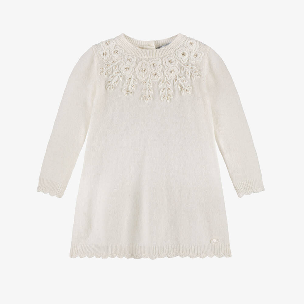 Tartine et Chocolat-Girls Ivory Wool Knit Dress with Embroidered Flowers | Childrensalon