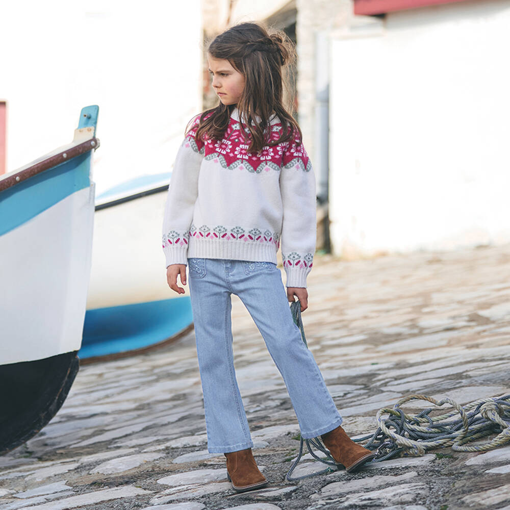 Tartine et Chocolat-Girls Light Blue Denim Jeans with Embroidered Pockets | Childrensalon