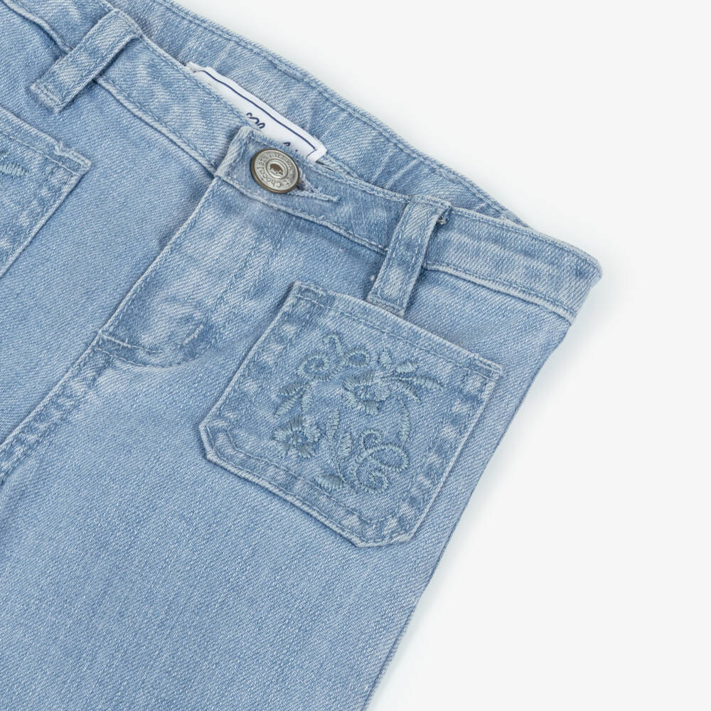 Tartine et Chocolat-Girls Light Blue Denim Jeans with Embroidered Pockets | Childrensalon