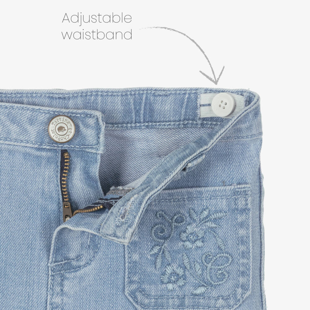 Tartine et Chocolat-Girls Light Blue Denim Jeans with Embroidered Pockets | Childrensalon