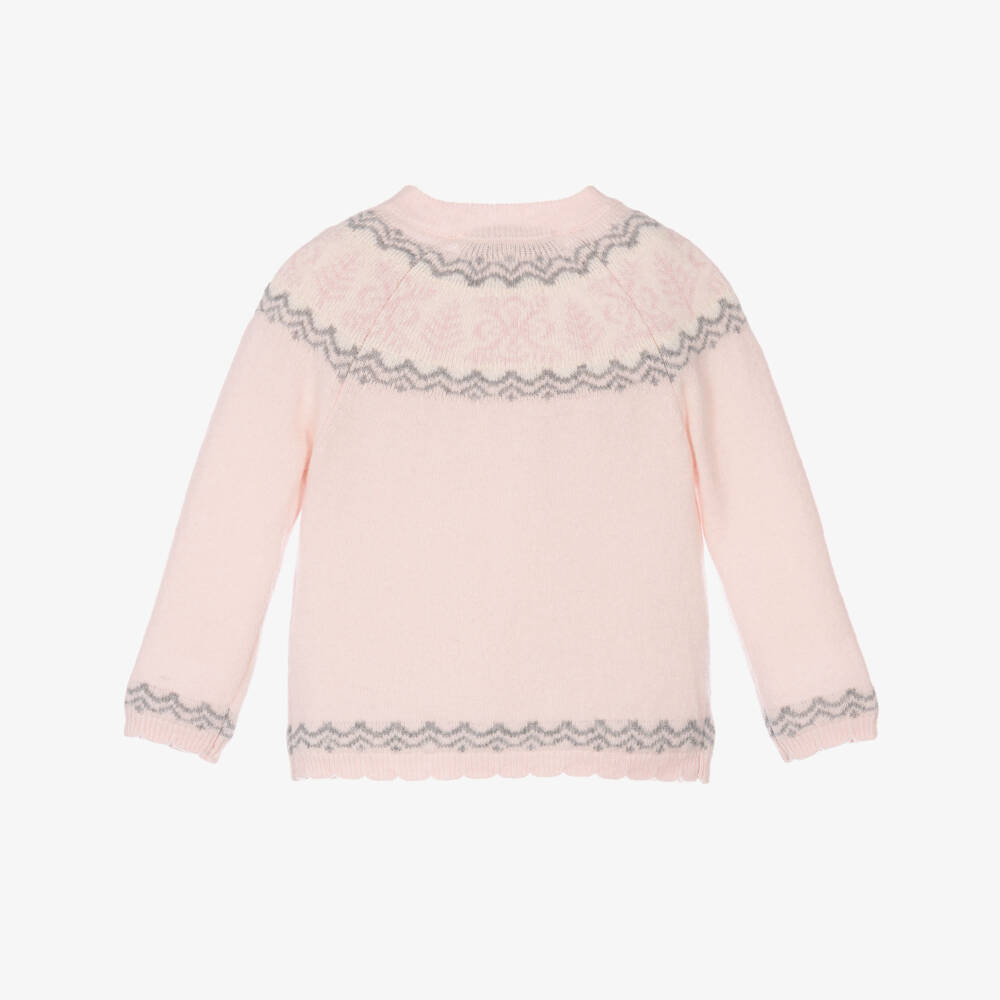 Tartine et Chocolat-Girls Light Pink Fair Isle Sweater in a Wool Knit | Childrensalon