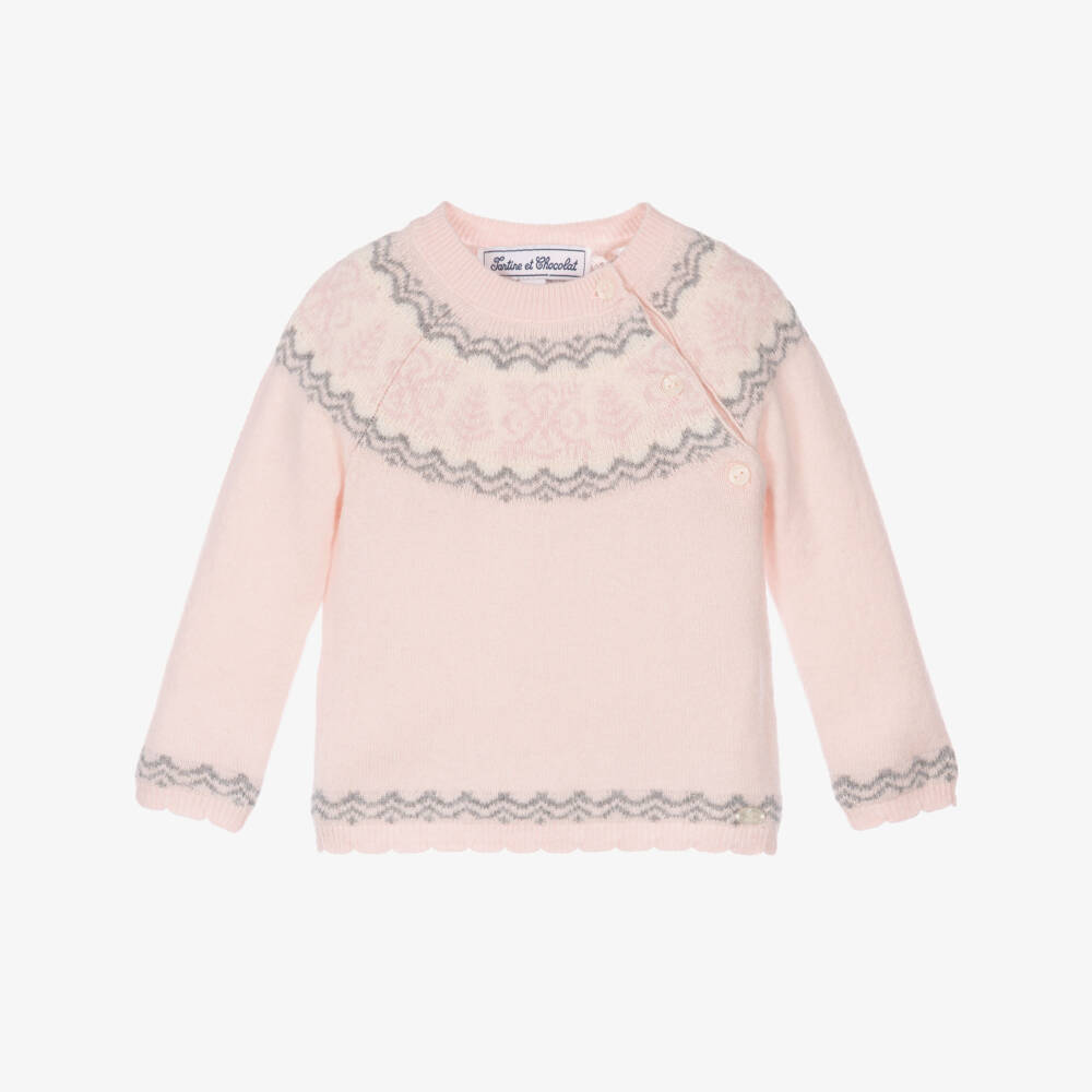 Tartine et Chocolat-Girls Light Pink Fair Isle Sweater in a Wool Knit | Childrensalon