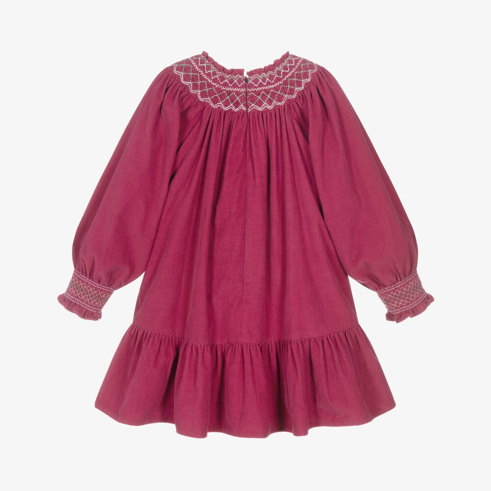 Tartine et Chocolat-Платье розовое из вельвета с присборенной вышивкой | Childrensalon