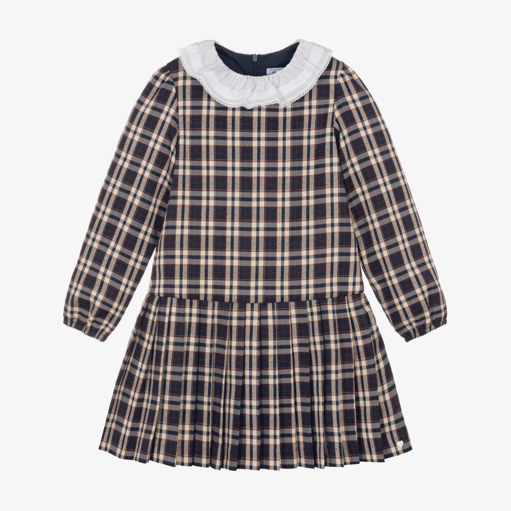 Tartine et Chocolat-Girls Navy Blue & Beige Tartan Check Dress | Childrensalon