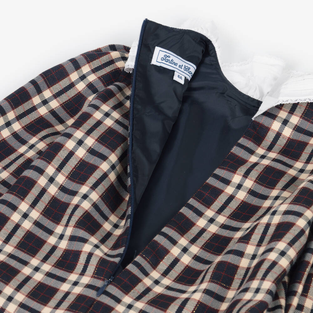 Tartine et Chocolat-Girls Navy Blue & Beige Tartan Check Dress | Childrensalon