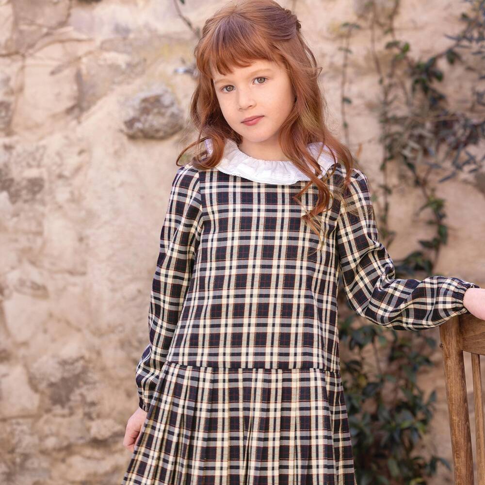 Tartine et Chocolat-Girls Navy Blue & Beige Tartan Check Dress | Childrensalon