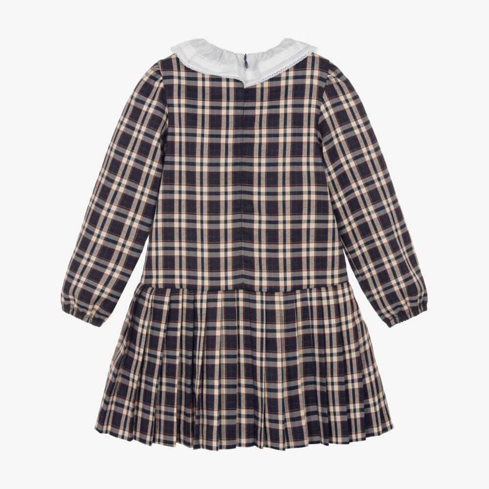 Tartine et Chocolat-Girls Navy Blue & Beige Tartan Check Dress | Childrensalon