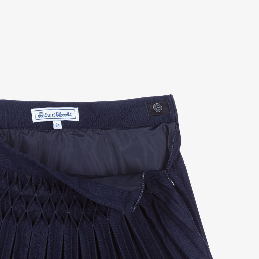 Tartine et Chocolat-Girls Navy Blue Brushed Twill Pleated Skirt | Childrensalon
