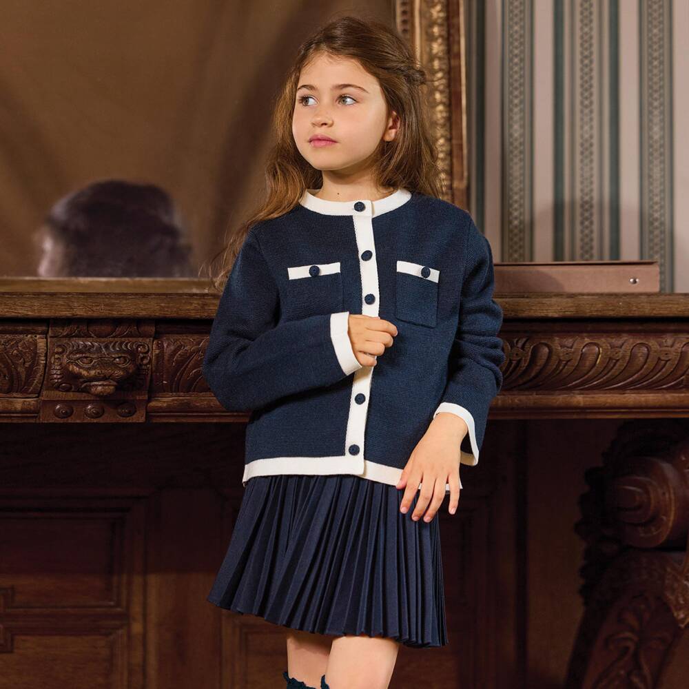 Tartine et Chocolat-Girls Navy Blue Brushed Twill Pleated Skirt | Childrensalon