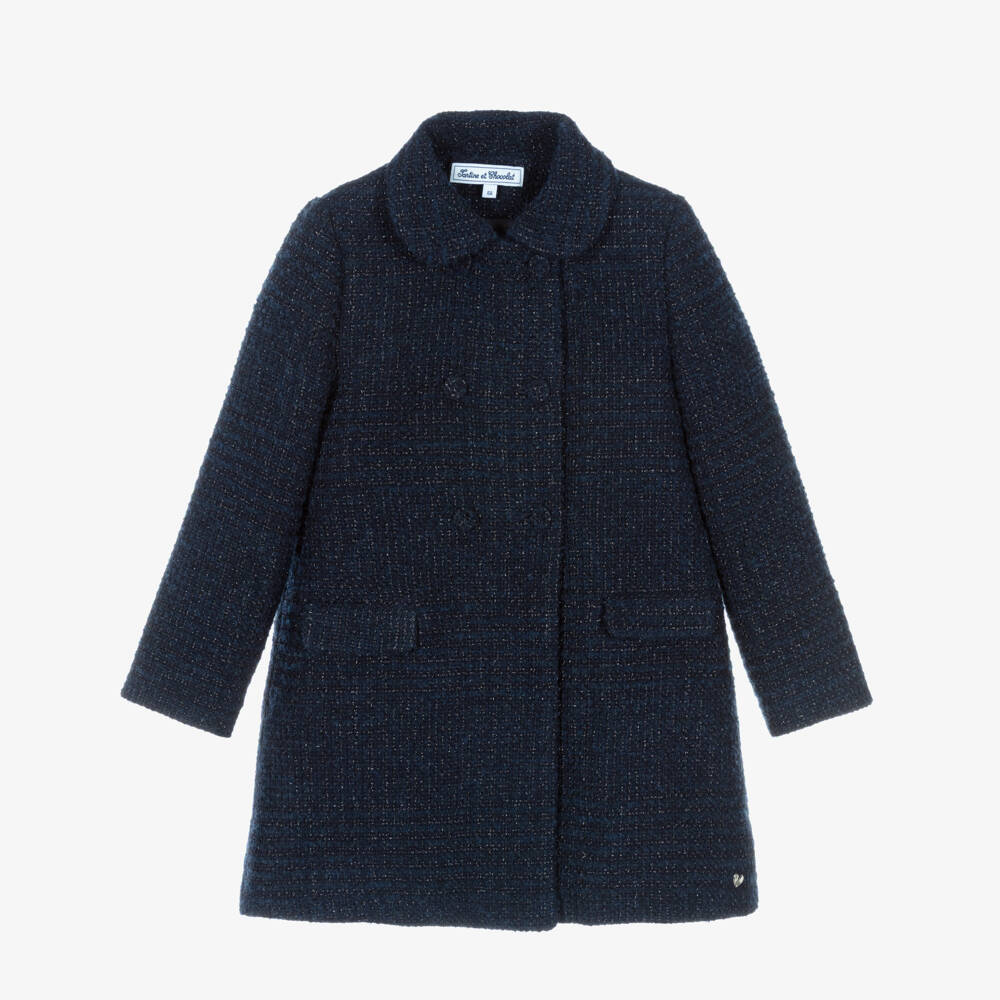 Tartine et Chocolat-Girls Navy Blue Double Breasted Tweed Coat | Childrensalon