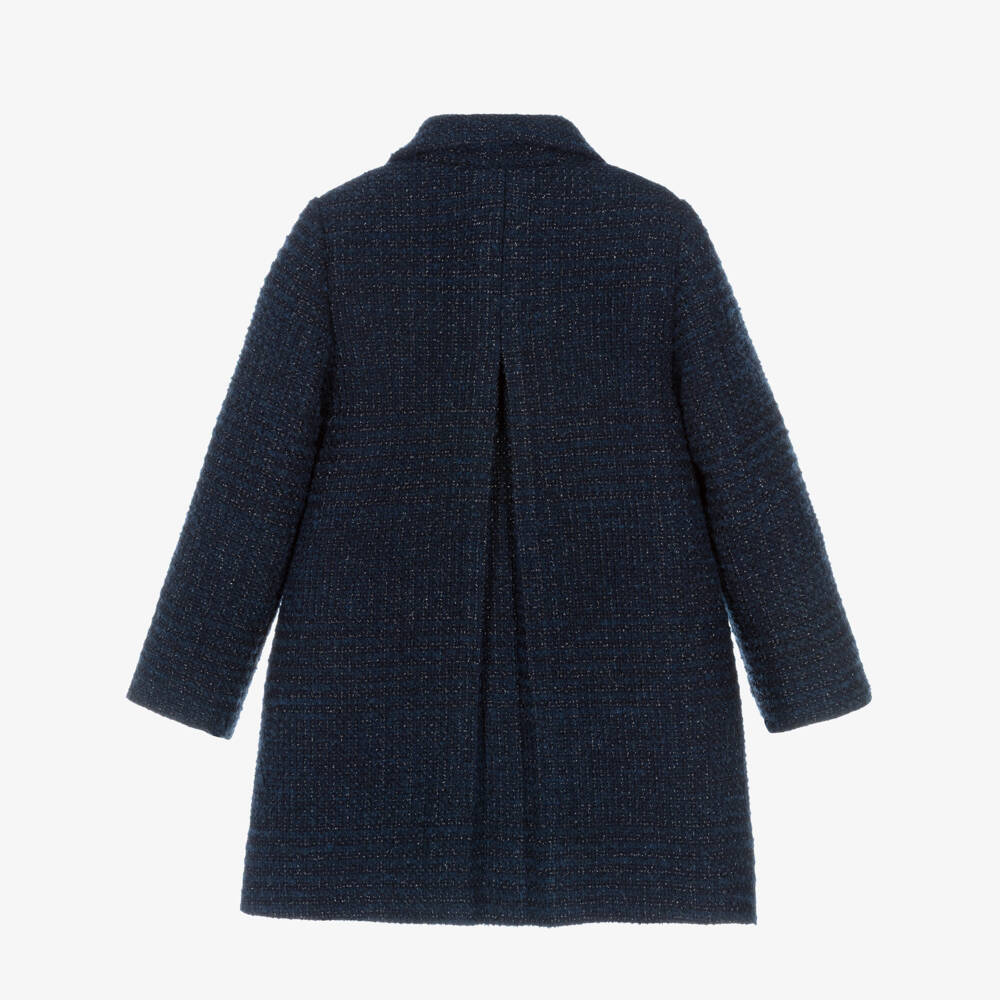 Tartine et Chocolat-Girls Navy Blue Double Breasted Tweed Coat | Childrensalon