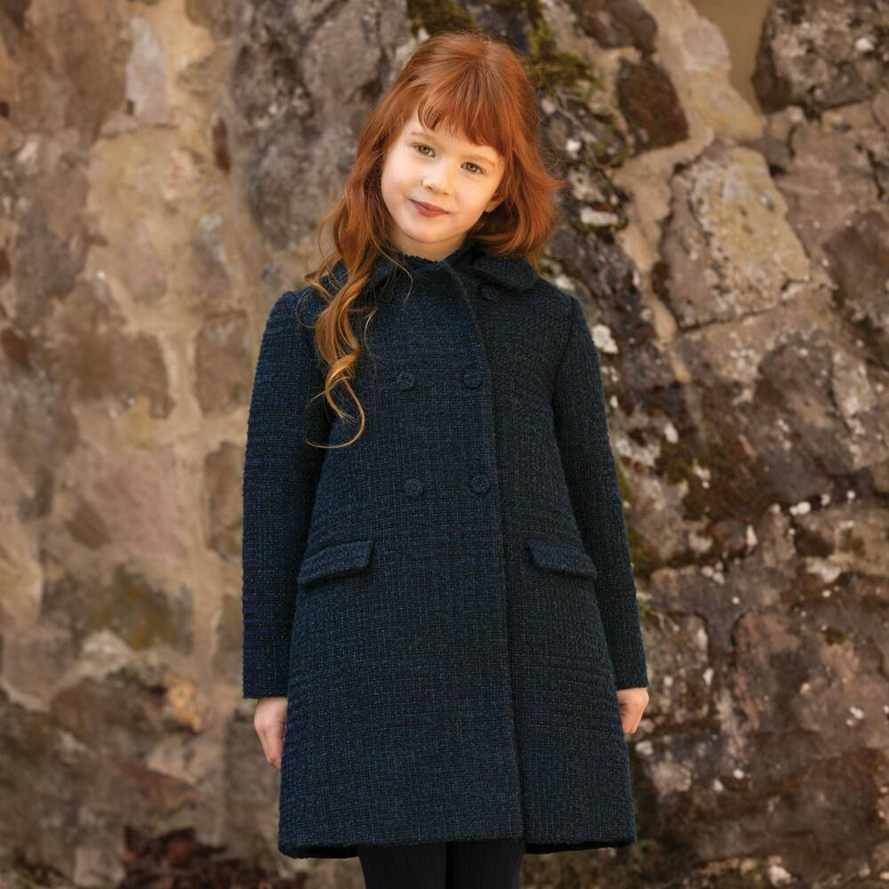 Tartine et Chocolat-Girls Navy Blue Double Breasted Tweed Coat | Childrensalon