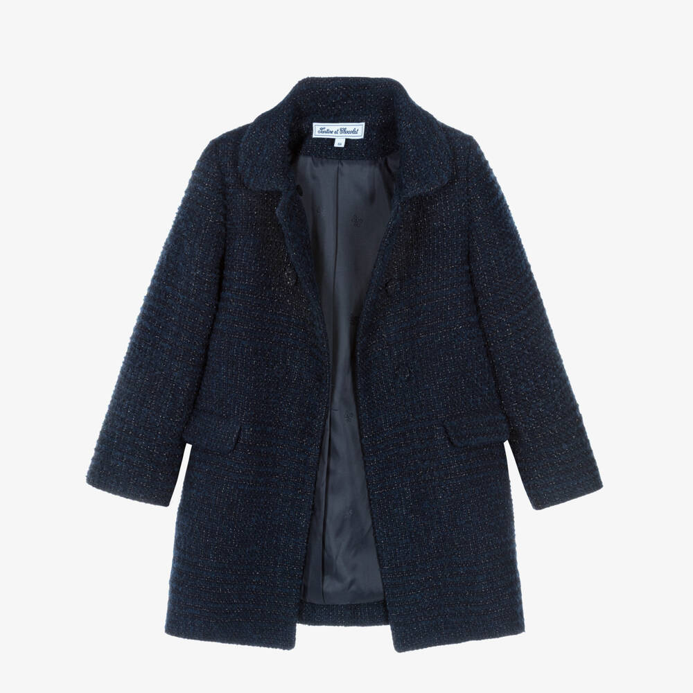 Tartine et Chocolat-Girls Navy Blue Double Breasted Tweed Coat | Childrensalon