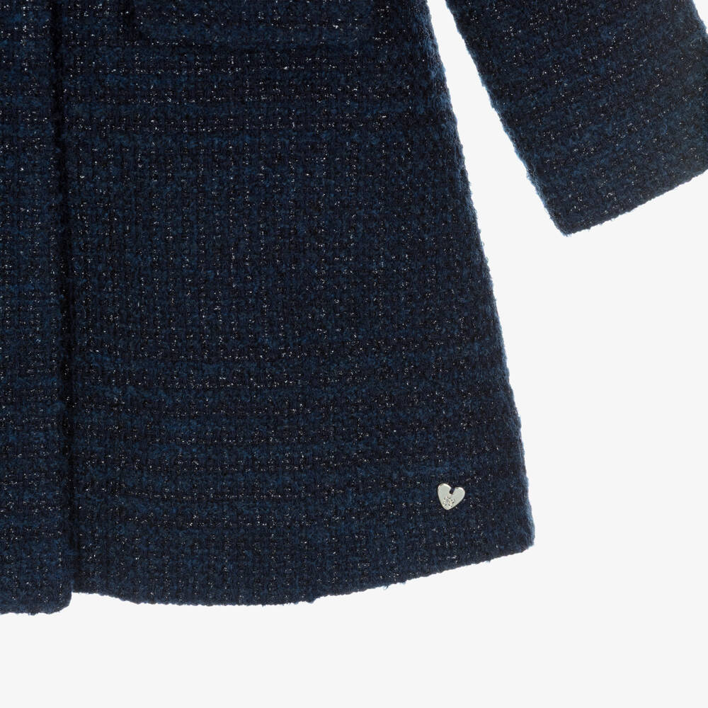 Tartine et Chocolat-Girls Navy Blue Double Breasted Tweed Coat | Childrensalon