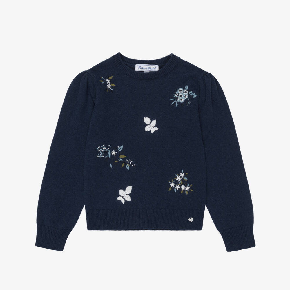 Tartine et Chocolat-Girls Navy Blue Flower Embroidery Sweater | Childrensalon