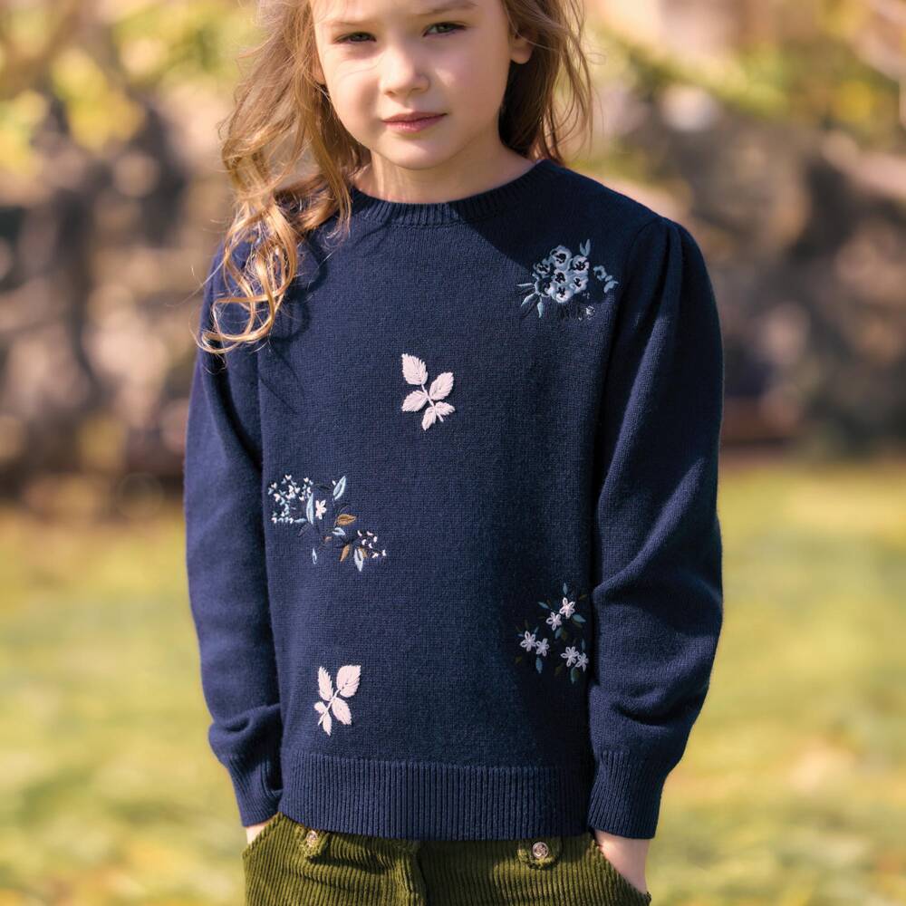 Tartine et Chocolat-Girls Navy Blue Flower Embroidery Sweater | Childrensalon