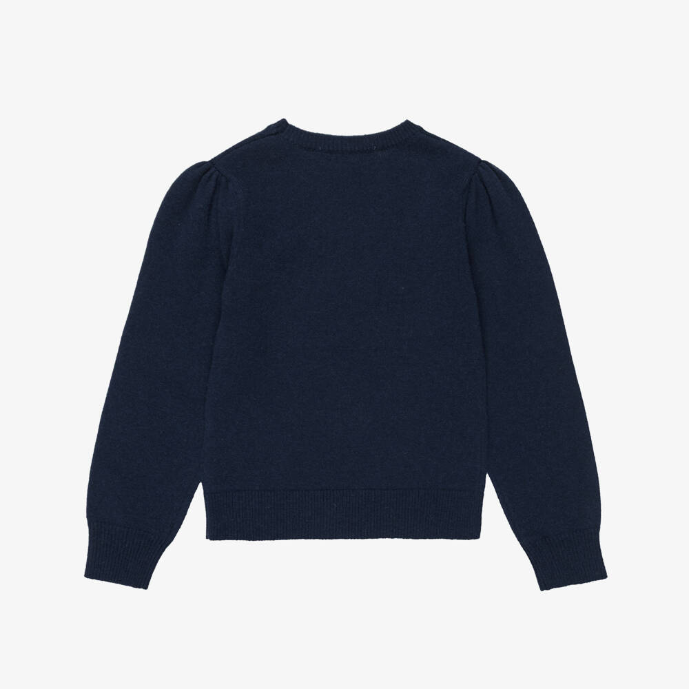 Tartine et Chocolat-Girls Navy Blue Flower Embroidery Sweater | Childrensalon