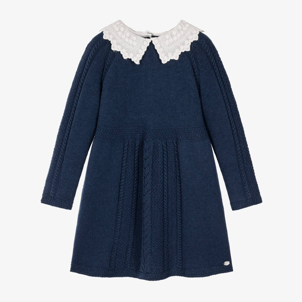 Tartine et Chocolat-Girls Navy Blue Knitted Dress with Lace Collar | Childrensalon
