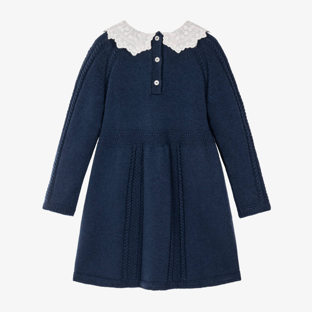Tartine et Chocolat-Girls Navy Blue Knitted Dress with Lace Collar | Childrensalon