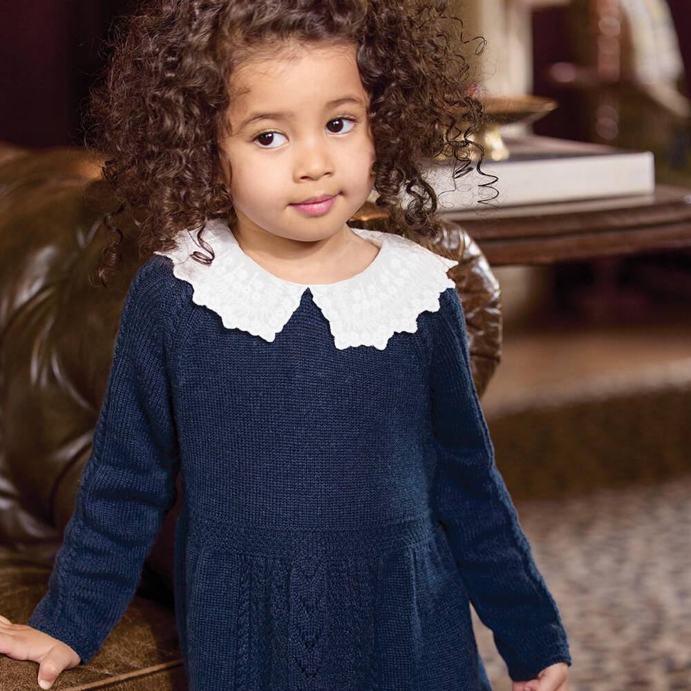 Tartine et Chocolat-Girls Navy Blue Knitted Dress with Lace Collar | Childrensalon