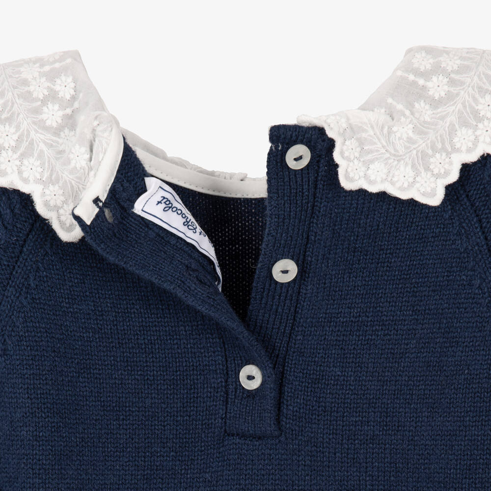 Tartine et Chocolat-Girls Navy Blue Knitted Dress with Lace Collar | Childrensalon