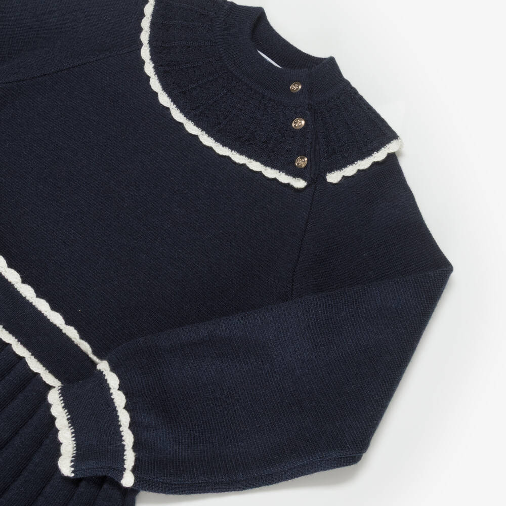 Tartine et Chocolat-Girls Navy Blue Knitted Dress with Pleated Skirt | Childrensalon