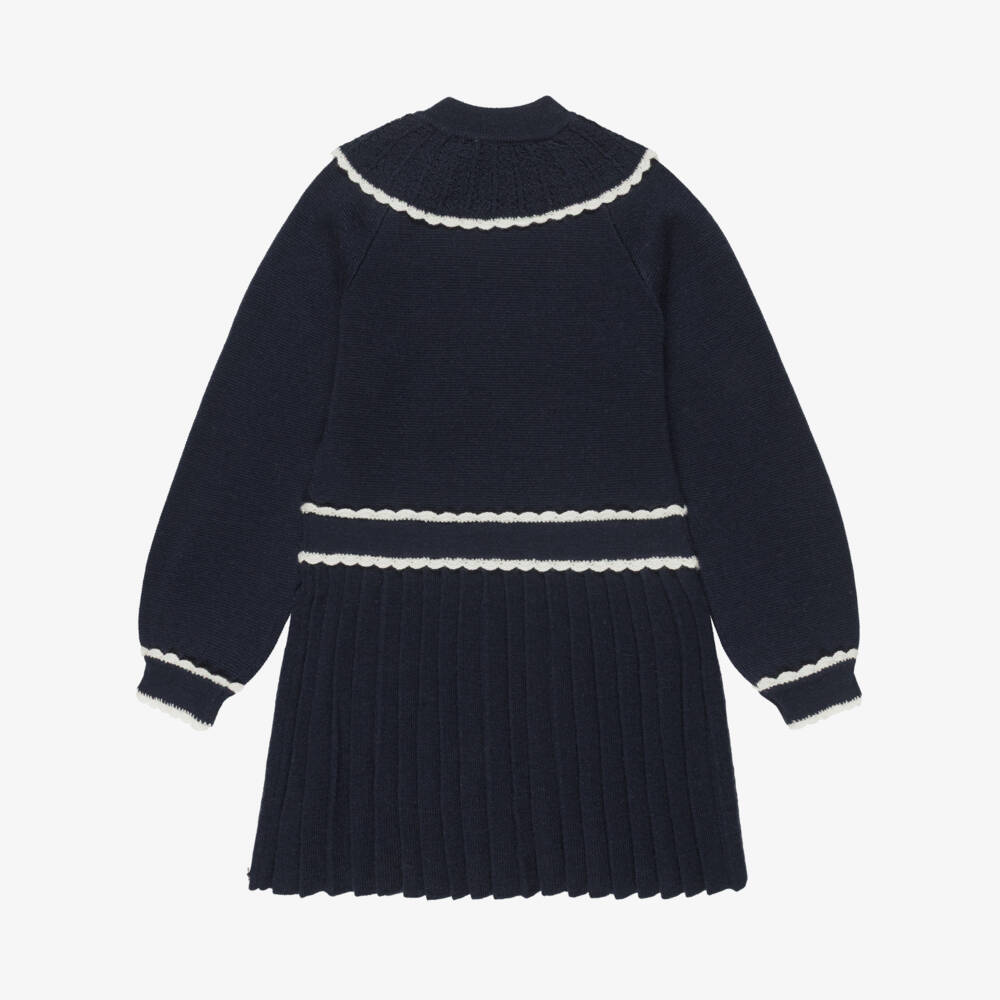 Tartine et Chocolat-Girls Navy Blue Knitted Dress with Pleated Skirt | Childrensalon