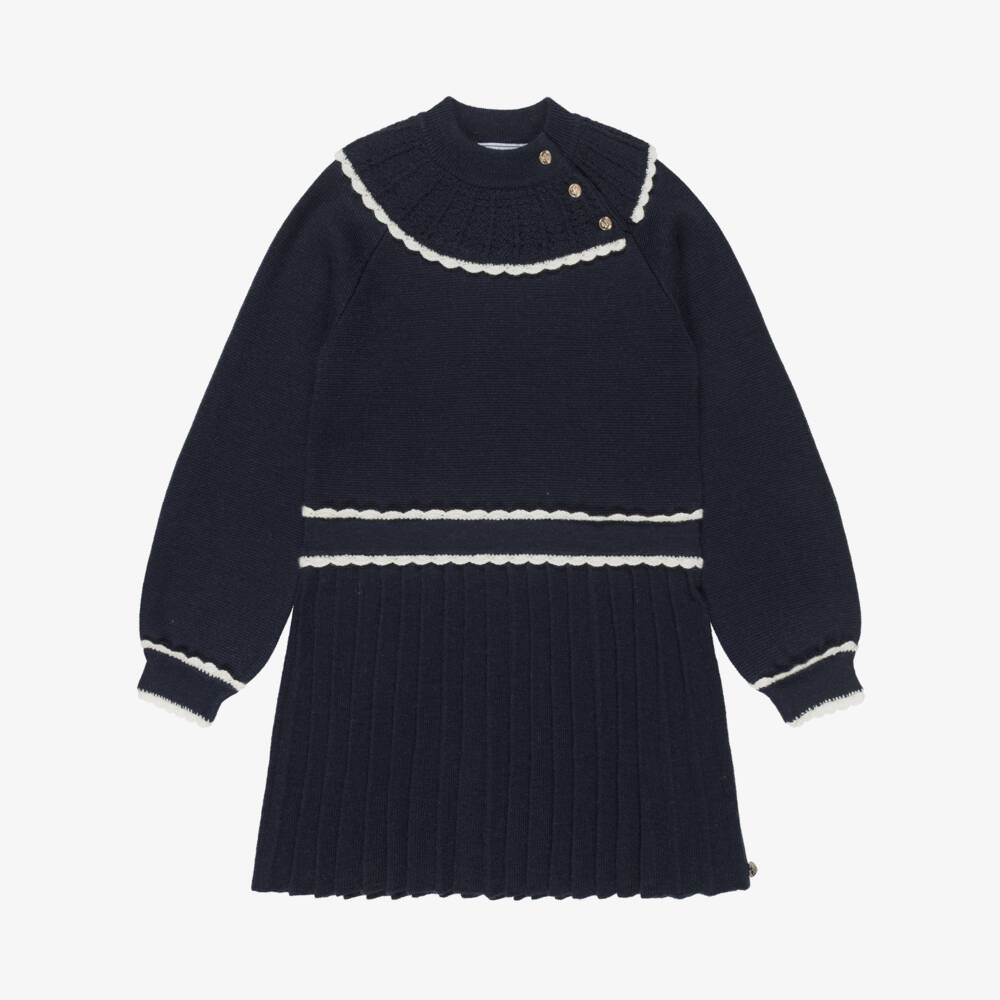 Tartine et Chocolat-Girls Navy Blue Knitted Dress with Pleated Skirt | Childrensalon