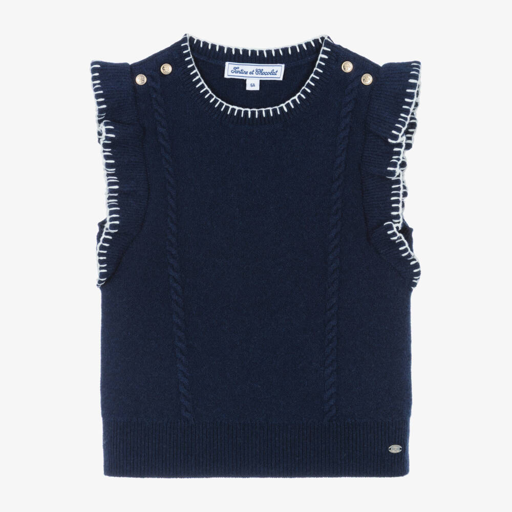 Tartine et Chocolat-Girls Navy Blue Knitted Ruffle Trim Slipover | Childrensalon