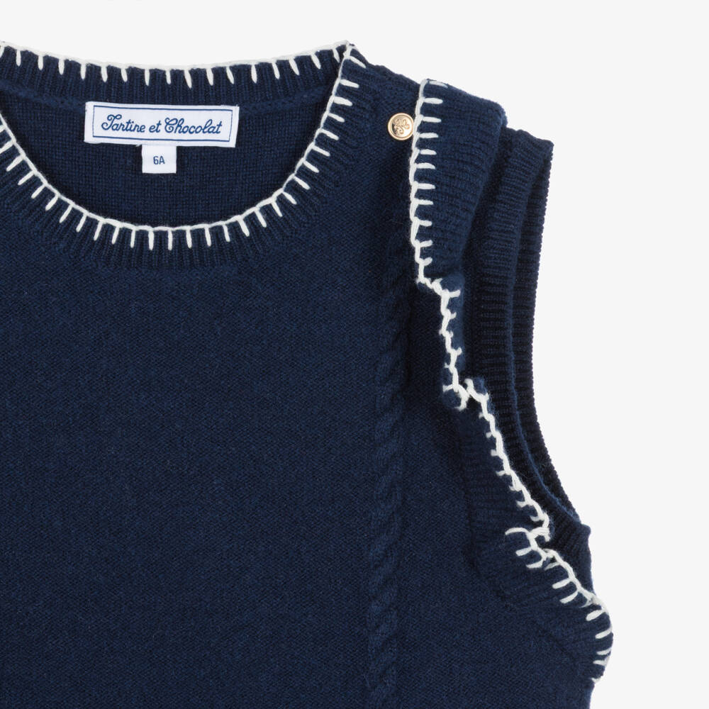 Tartine et Chocolat-Girls Navy Blue Knitted Ruffle Trim Slipover | Childrensalon