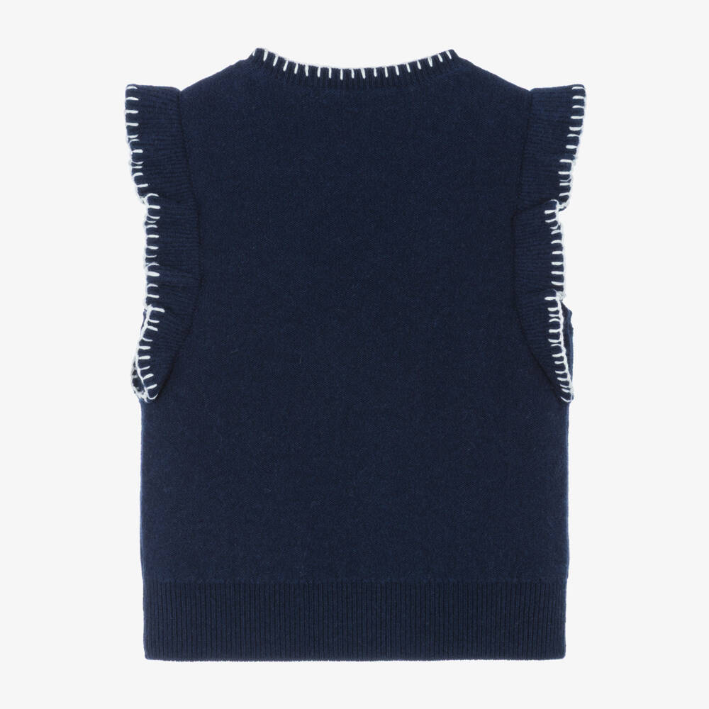 Tartine et Chocolat-Girls Navy Blue Knitted Ruffle Trim Slipover | Childrensalon