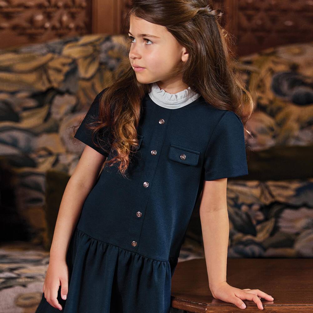 Tartine et Chocolat-Girls Navy Blue Milano Jersey Dress | Childrensalon