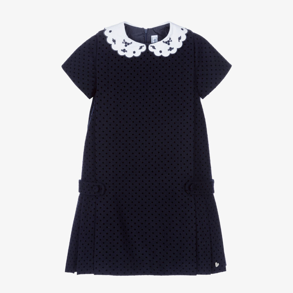 Tartine et Chocolat-Girls Navy Blue Polka Dot Dress | Childrensalon