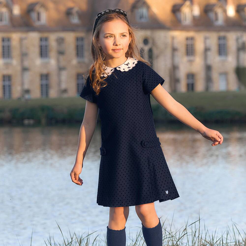 Tartine et Chocolat-Girls Navy Blue Polka Dot Dress with White Collar | Childrensalon