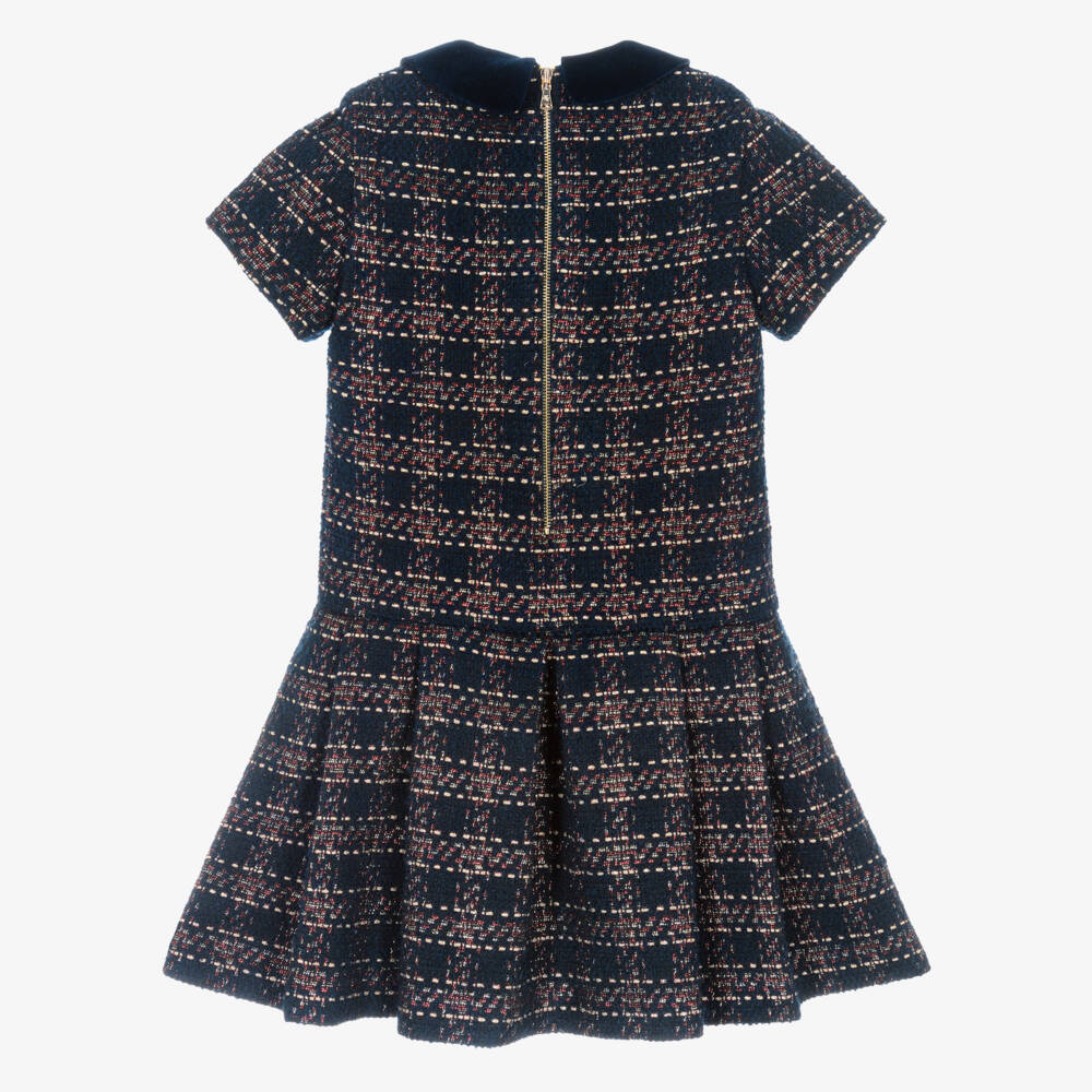 Tartine et Chocolat-Girls Navy Blue & Red Check Sparkly Tweed Dress | Childrensalon