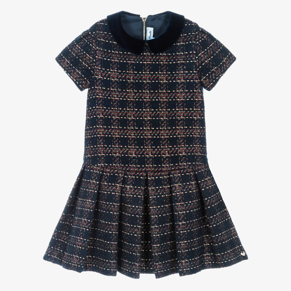 Tartine et Chocolat-Girls Navy Blue & Red Check Sparkly Tweed Dress | Childrensalon