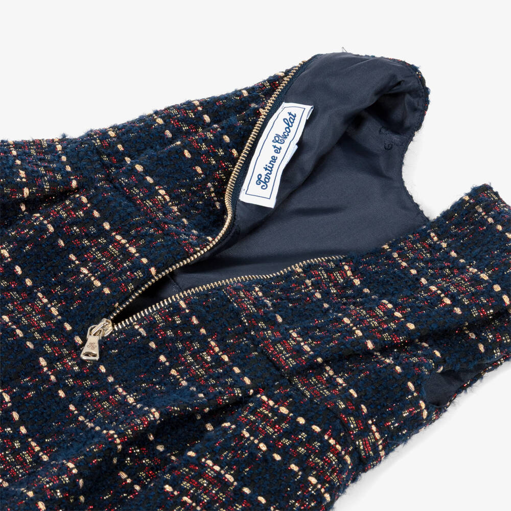 Tartine et Chocolat-Girls Navy Blue & Red Check Sparkly Tweed Sleeveless Dress | Childrensalon