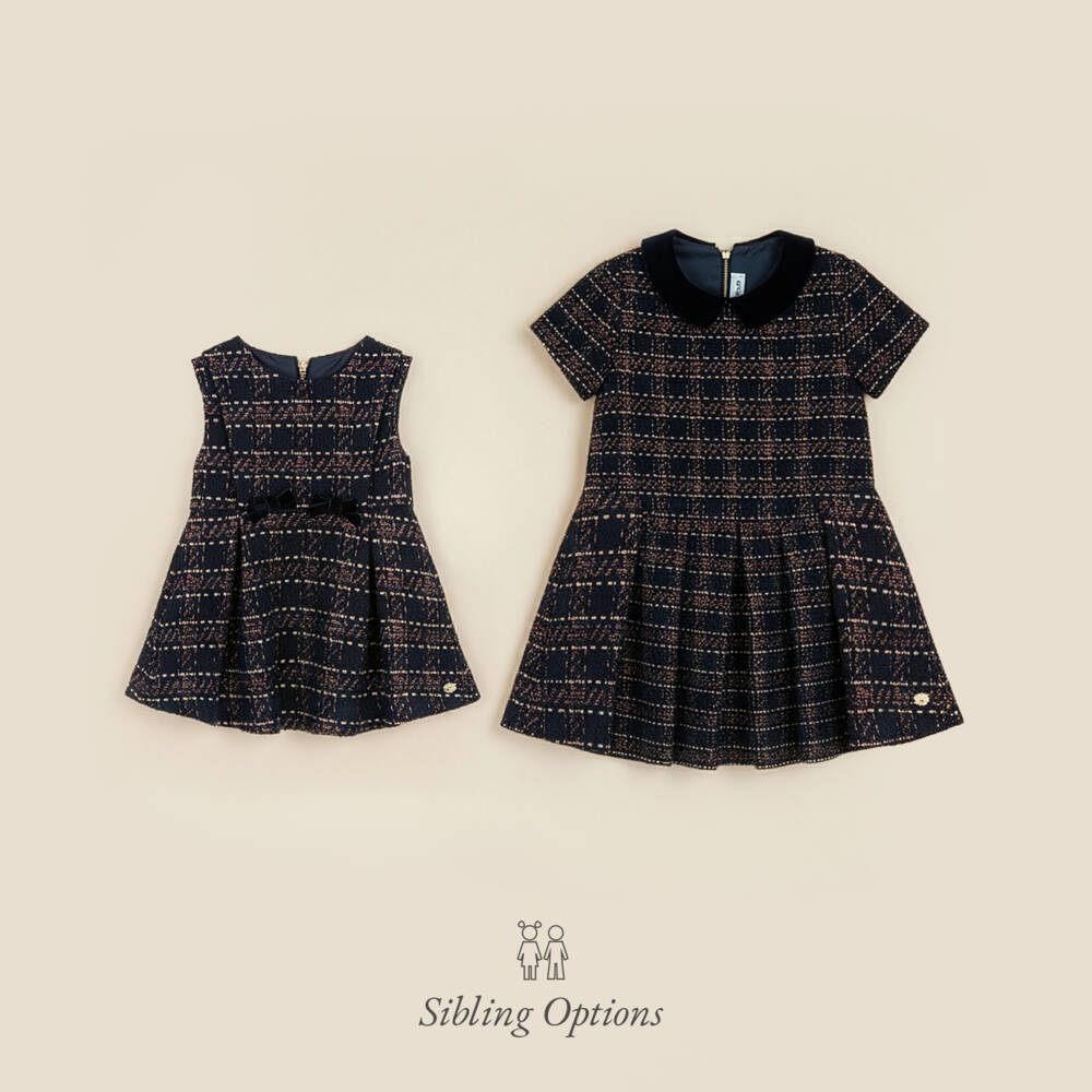 Tartine et Chocolat-Girls Navy Blue & Red Check Sparkly Tweed Sleeveless Dress | Childrensalon