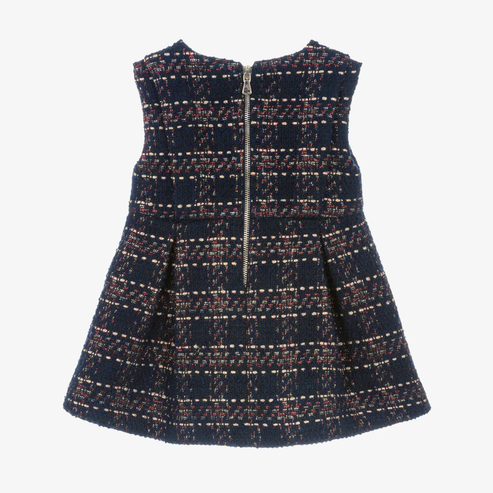 Tartine et Chocolat-Girls Navy Blue & Red Check Sparkly Tweed Sleeveless Dress | Childrensalon